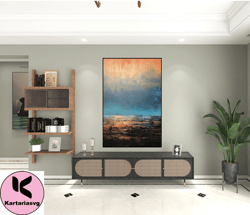 dark original large blue ocean oil painting on canvas, acrylic seascape wall art,modern beach for living, gold plated su