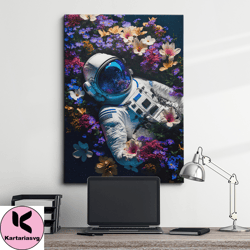 astronaut laying in bed of flowers butterfly space galaxy floral wall art, framed canvas poster print, home/office room