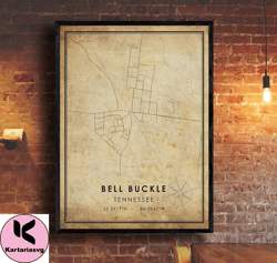 bell buckle vintage map print , tennessee map , bell buckle map art , tennessee city road map poster , vintage gift mapc
