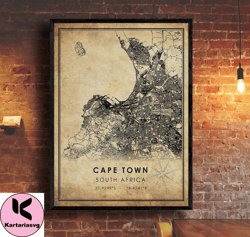 cape town vintage map print , cape town map , south africa map art , cape town city road map poster , vintage giftcanvas