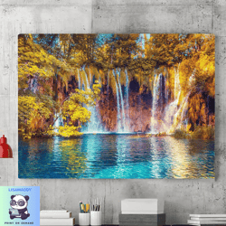 waterfall forest canvas wall art,tranquil painting of a waterfall forest at sunset,sunset canvas print,perfect for tranq