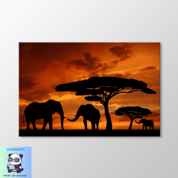 elephant family canvas wall art, elephant art print, african animals wall decoration, sunset landscape, canvas ready to