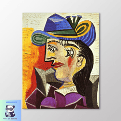 woman with a blue hat by pablo picasso canvas wall art