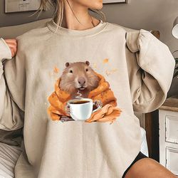 capybara in a cozy blanket chilling and drinking shirt, capybara autumn shirt, capybara fall leaves shirt, cute capybara