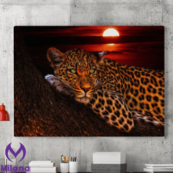 leopard wall art, leopard canvas wall art painting in sunset landscape, canvas wall decor, wildlife poster, wall decor,