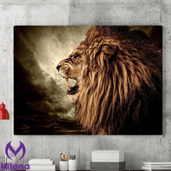 lion canvas wall art painting, canvas wall art, roaring lion against the storm sky art, canvas posters, wall decoration,