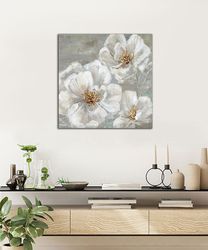 3 flower gold and white leaf flower canvas print art, a bunch of gold flowers modern wall decor, gift floral canvas prin