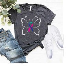 butterfly ribbon thyroid cancer shirt,cancer awareness tee,cute cancer tee,butterfly ribbon shirt,cancer survivor gift,p