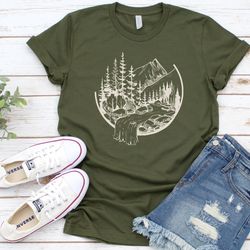 mountains waterfall tee shirt for women or men, unisex graphic mountain camping t shirt, travel shirt, nature t shirt, h