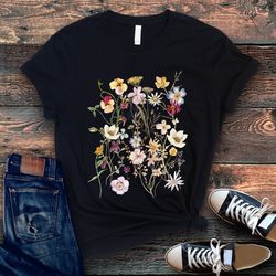 pressed flowers meadow tee, colorful, boho, cottagecore, nature, outdoors, tshirt, retro, vintage, bella canvas, tee, fl