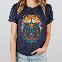 boho colorful moth, butterfly, forest, mystical, forest, boho, cottagecore, nature, outdoors, mushrooms tshirt, retro, v