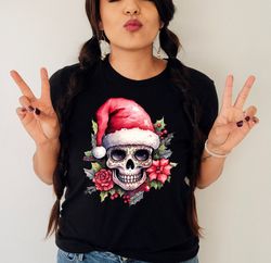 christmas santa hat sugar skull shirt,santa hat skull shirt,feliz navidad skull shirt,feliz navidad shirt women,mexican