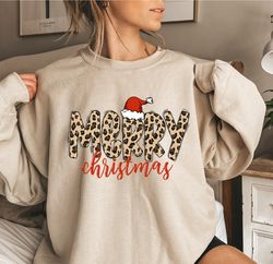 leopard print merry christmas with santa hat, merry christmas sweatshirt, holiday sweatshirt, buffalo plaid christmas sh