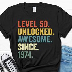 50th birthday t-shirt, gamer shirt for men, video game men's tee, 50 year old gifts, born in 1974 gift for him, level 50