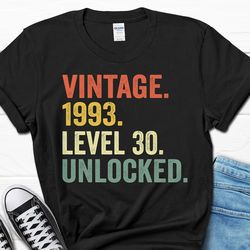 vintage 1993 level 30 unlocked shirt, 30 year men's gift, 30th birthday t-shirt, gamer gift for men, 30 b-day gifts, tur