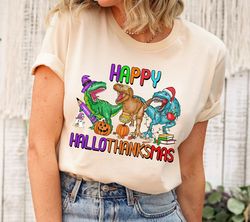 happy hallothanksmas dino halloween thanksgiving christmas shirt,halloween costume with pumpkins ghost santa hat,halloth