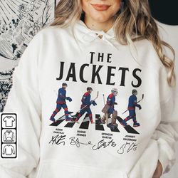 jackets walking abbey road signatures ice hockey shirt, adam fantilli, jenner, gaudreau, spencer martin, columbus blue v