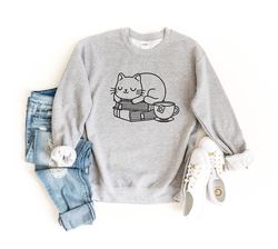 cat sweatshirt, book sweatshirt, coffee sweatshirt, cat and coffee shirt, cute cat shirt, cat lover gift, cat dad shirt,