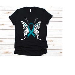 butterfly teal ribbon shirt, ovarian cancer awareness, cancer fighter gift, cancer of ovary, epithelial ovarian cancer,