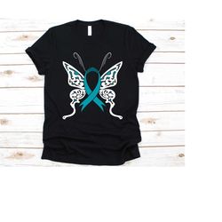 butterfly teal ribbon shirt, ovarian cancer awareness, cancer fighter gift, cancer of ovary, epithelial ovarian cancer,