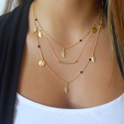 korean multi-layer necklace with chains, beads, and leaf pendant - women's stylish jewelry