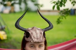 ram skull helmet with horns, lightweight 3d printed pagan viking mask, realistic animal skull mask for halloween