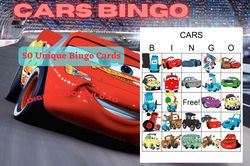 cars disney printable bingo, lightning mcqueen bingo, mater bingo, disney movie bingo, cartoon bingo, interactive bingo