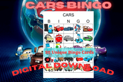 cars disney printable bingo, competitive bingo game, virtual game, teamwork bingo, racing competition bingo,