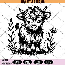Floral Baby Highland Cow Svg Png, Cute Animal Svg, Scottish Highland Cow Svg, Floral Baby Animal Svg, Instant Download