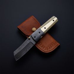 handmade damascus steel folding pocket knife with leather sheath  hunting christmas gift birthday gift fathers gift edc