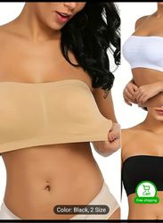 women's strapless bandeau light beige bra, seamless with removable pads, non-slip elastic chest wrap, backless bra m
