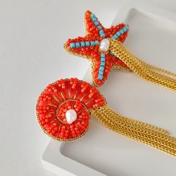 beaded earrings, starfish shell stud earrings, orange jewelry, asymmetrical earrings