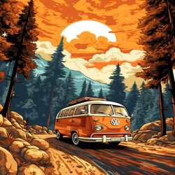 "retro vw bus mountain ride : adventure awaits" - download now in png
