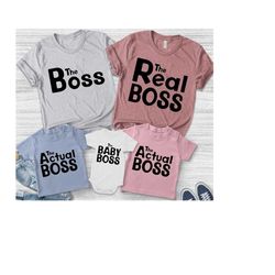 matching family shirts, the boss, real boss, boss baby, actual boss, matching mom dad kids family pictures little big si