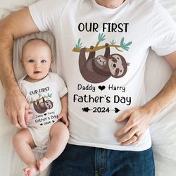 custom our first father's day sloth 2024 shirt, daddy baby matching shirts, matching dad and baby bodysuit, matching dad