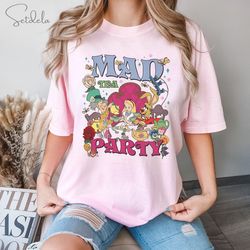 vintage alice in wonderland mad tea party t-shirt, disney alice mad hatter cheshire cat floral tee, disneyland family 20