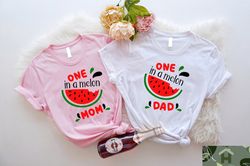 one in a melon mom shirt, one in a melon dad shirt, watermelon birthday shirts, matching birthday shirts, first family b