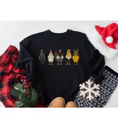 christmas chickens sweatshirt, cute chicken farm animals holiday sweatshirt, santa hat animal farmer heiffer bull gift h