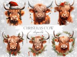 11 christmas highland cow clipart png, santa hat, farm animals, poinsettia. sublimation png  christmas highland