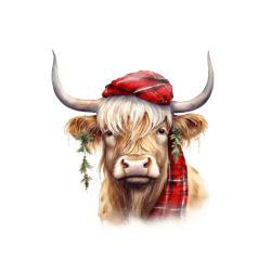 christmas highland cow clipart png, santa hat, farm animals, poinsettia. sublimation png  christmas highland cow clipart