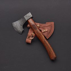 custom handmade damascus axe handle rosewood with leather sheath