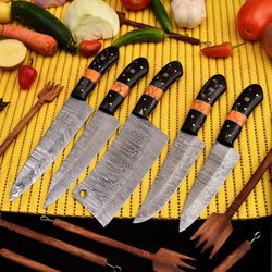 handmade damascus kitchen chef knife set damascus steel knife 05 pcs leather bag