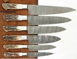 6" pcs custom handmade damascus steel chef set kitchen knives with antler handle