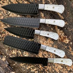 handmade damascus chef set, damascus steel kitchen chef knife set, kitchen set