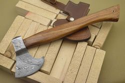 custom handmade damascus axe with leather sheath