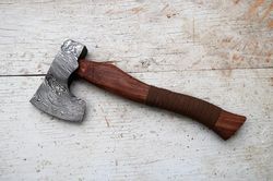 custom handmade damascus steel axe with leather sheath