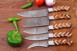damascus steel kitchen knives set handmade chef knives set 5-pcs set with wood & steel bolster handle