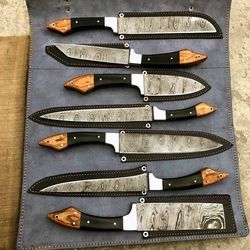 7 pieces hand forged kitchen knives set damascus steel chef knife set with leather roll kit