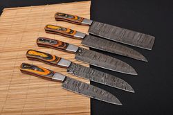 custom made/damascus chef knife set/ wood & steel on handle with leather sheath.