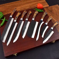 handmade damascus chef set of 8pcs with leather cover,kitchen knives set